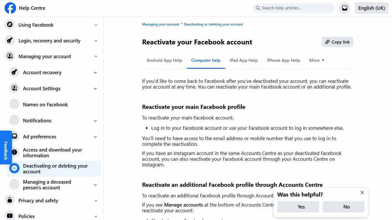 Reactivate your Facebook account Facebook Help Centre