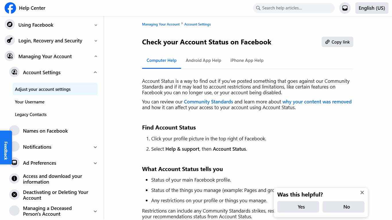 Check your Account Status on Facebook Facebook Help Center