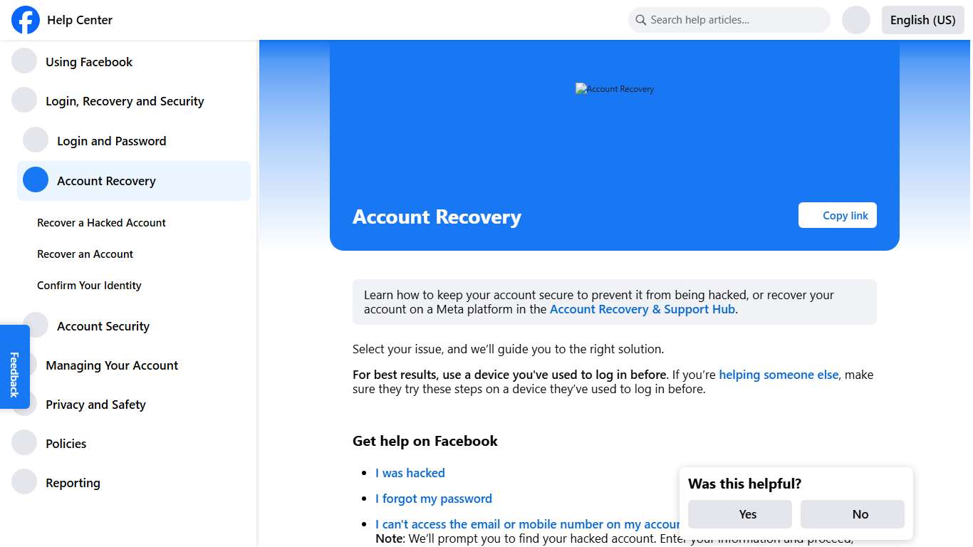 Account Recovery Facebook Help Center